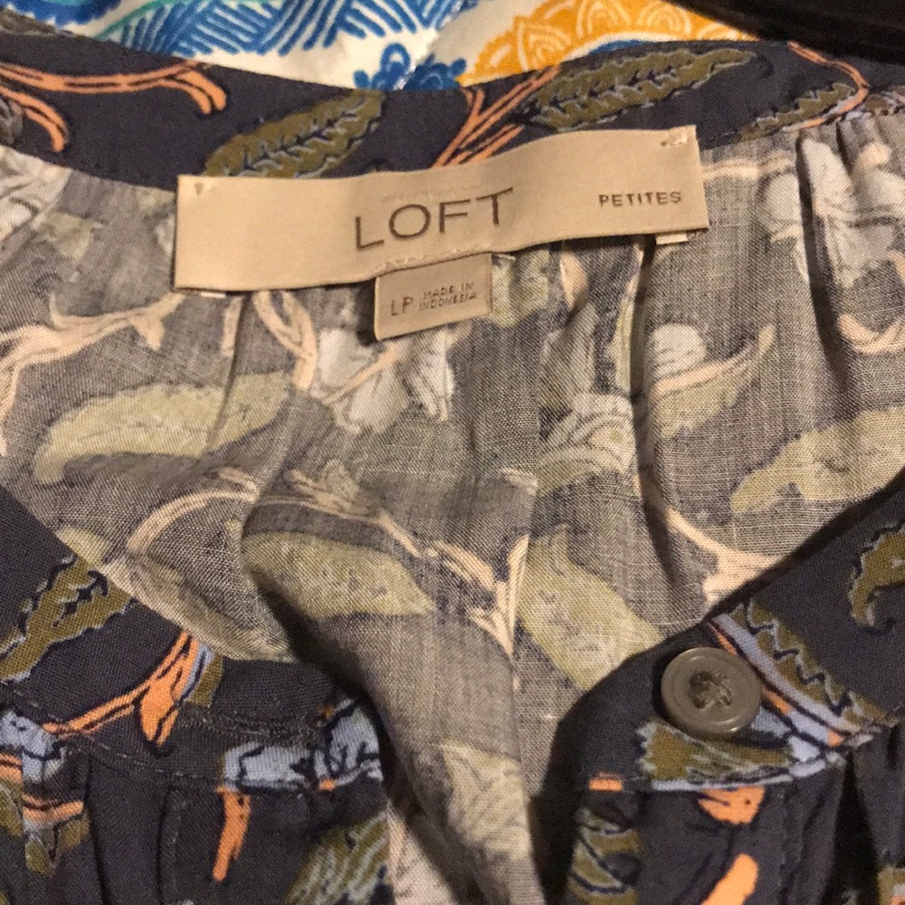 LOFT Navy Floral Print Cap-Sleeve Shirt Dress - Picture 6 of 8